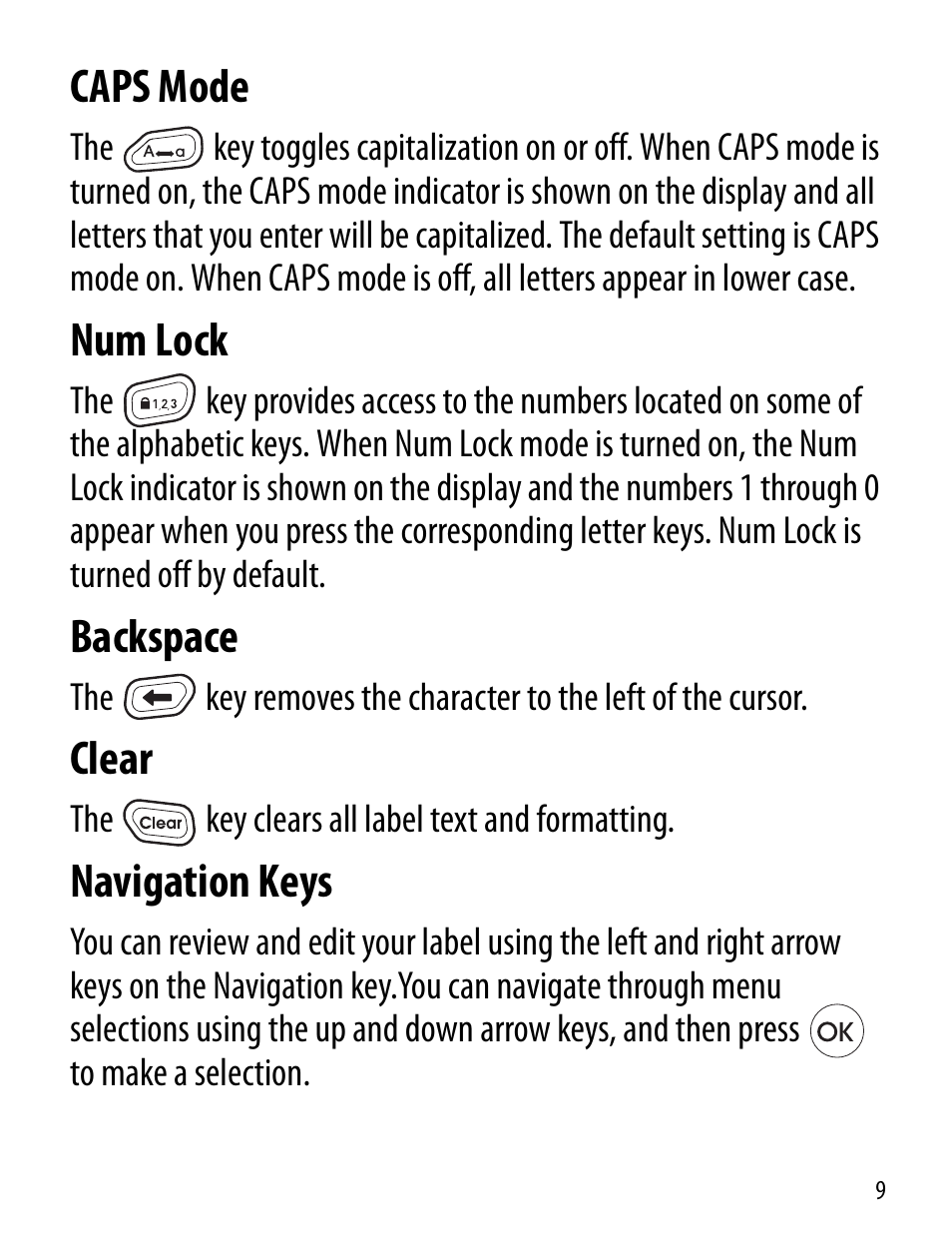 Caps mode, Num lock, Backspace | Clear, Navigation keys | Dymo LT100-H User Manual | Page 9 / 70