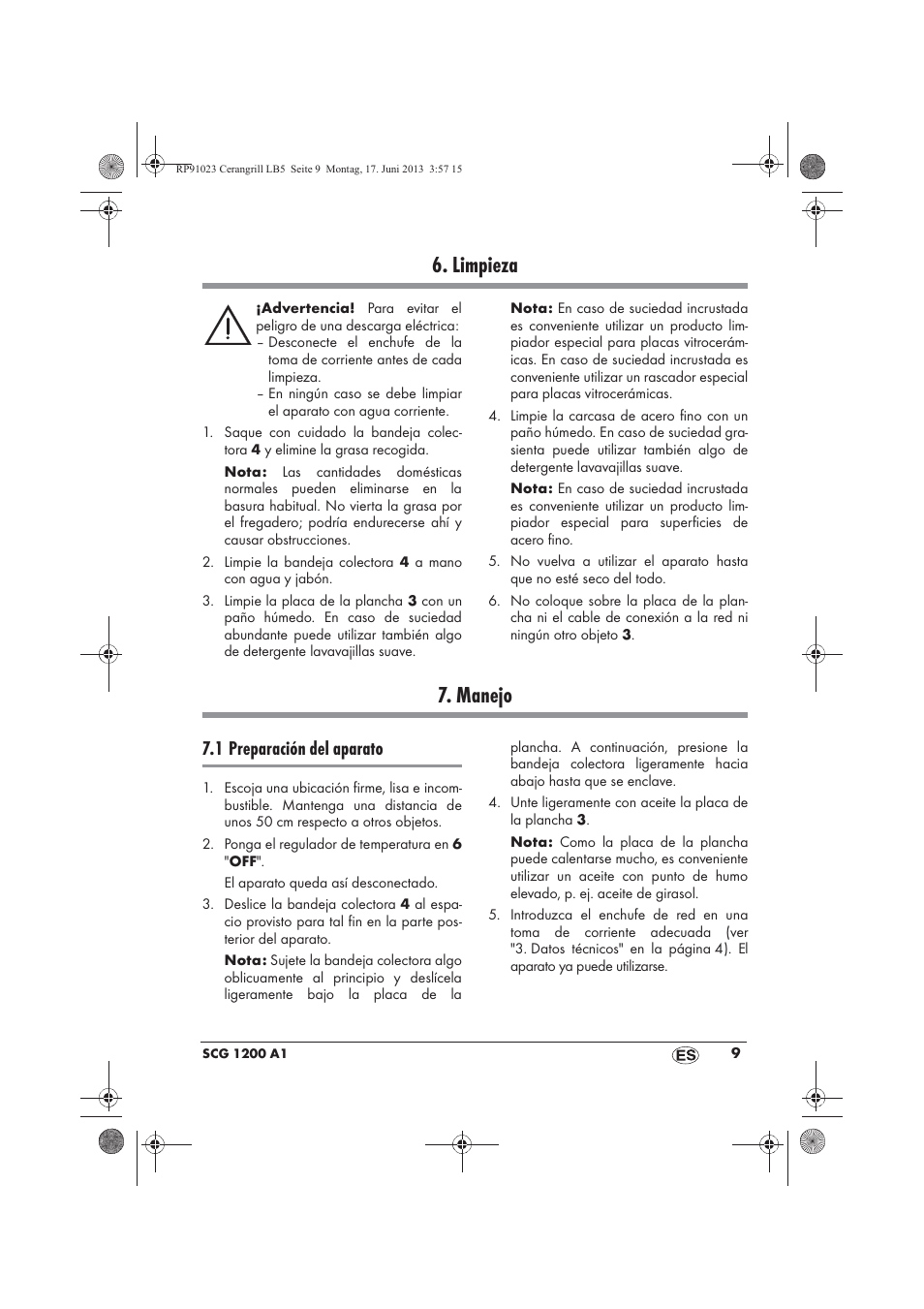 Limpieza, Manejo, 1 preparación del aparato | Silvercrest SCG 1200 A1 User Manual | Page 11 / 58