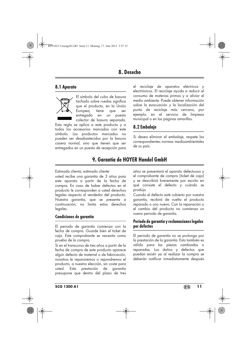 Desecho, Garantía de hoyer handel gmbh | Silvercrest SCG 1200 A1 User Manual | Page 13 / 58