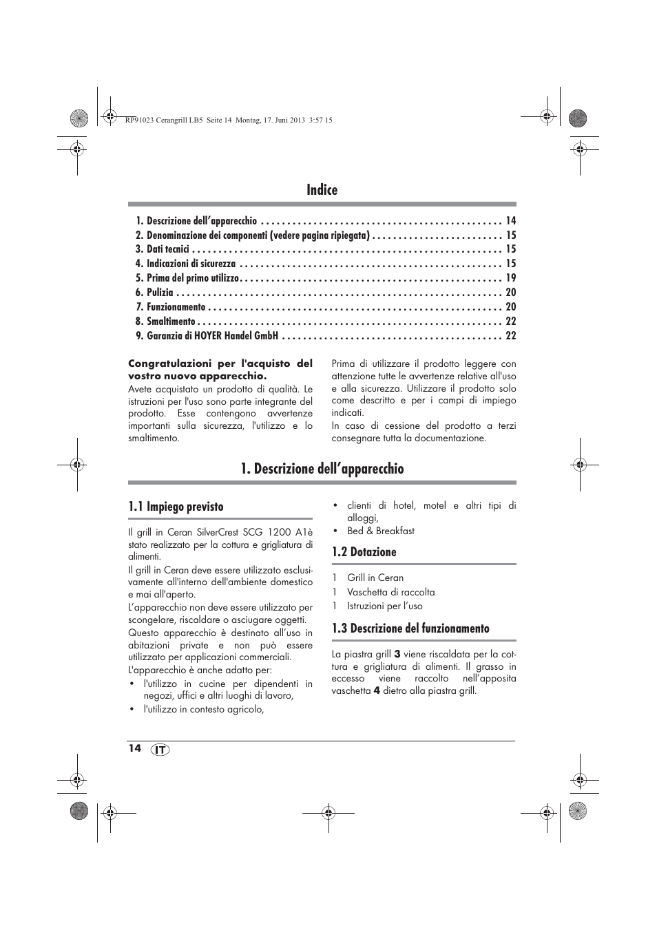 Indice, Descrizione dell’apparecchio | Silvercrest SCG 1200 A1 User Manual | Page 16 / 58