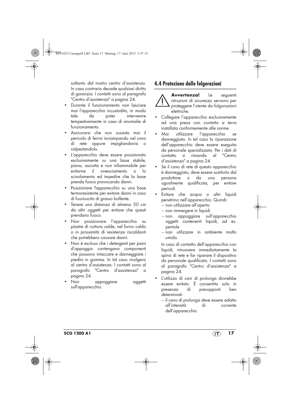 4 protezione dalle folgorazioni | Silvercrest SCG 1200 A1 User Manual | Page 19 / 58