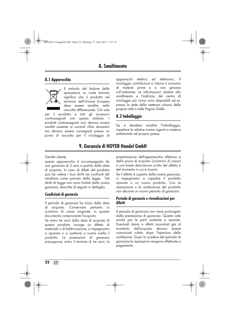 Smaltimento, Garanzia di hoyer handel gmbh | Silvercrest SCG 1200 A1 User Manual | Page 24 / 58