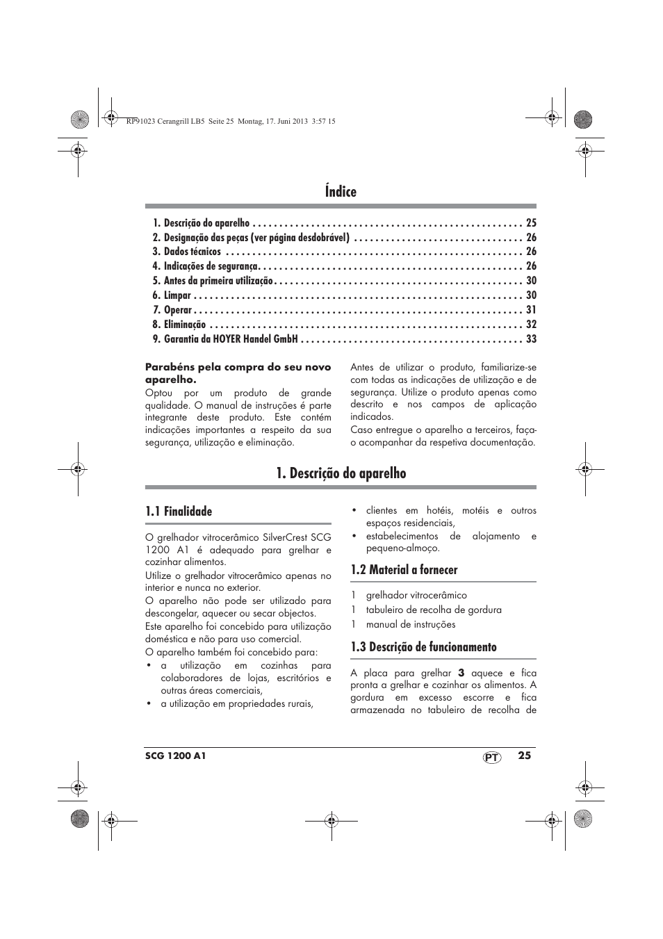 Índice, Descrição do aparelho, 1 finalidade | 2 material a fornecer, 3 descrição de funcionamento | Silvercrest SCG 1200 A1 User Manual | Page 27 / 58