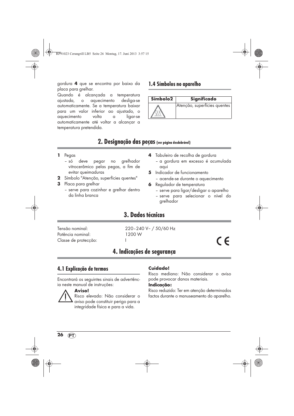 Designação das peças, Dados técnicos, Indicações de segurança | 4 símbolos no aparelho, 1 explicação de termos | Silvercrest SCG 1200 A1 User Manual | Page 28 / 58