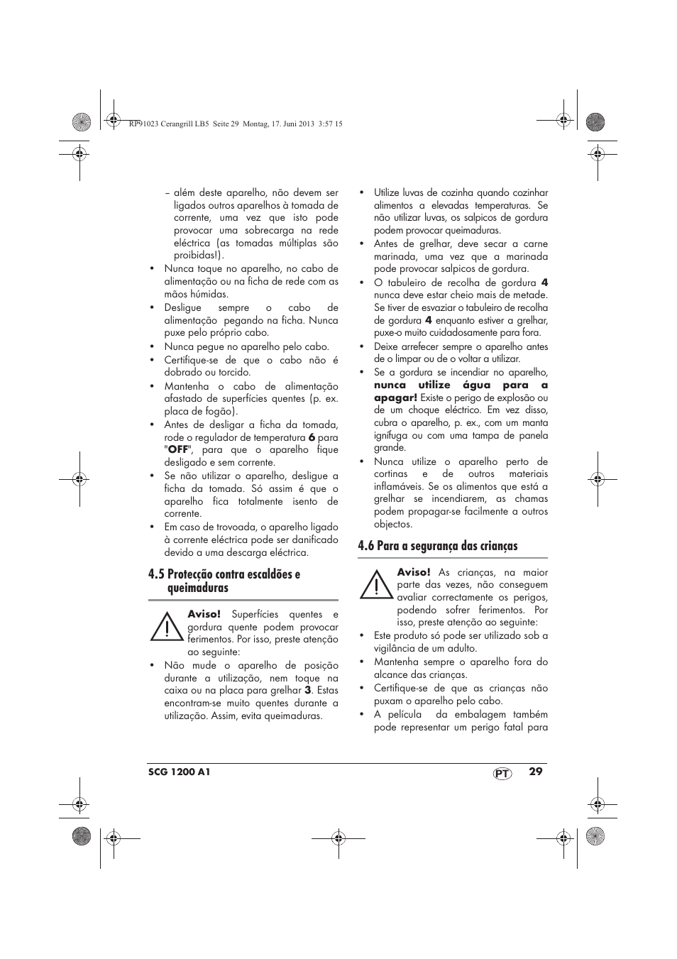 5 protecção contra escaldões e queimaduras, 6 para a segurança das crianças | Silvercrest SCG 1200 A1 User Manual | Page 31 / 58