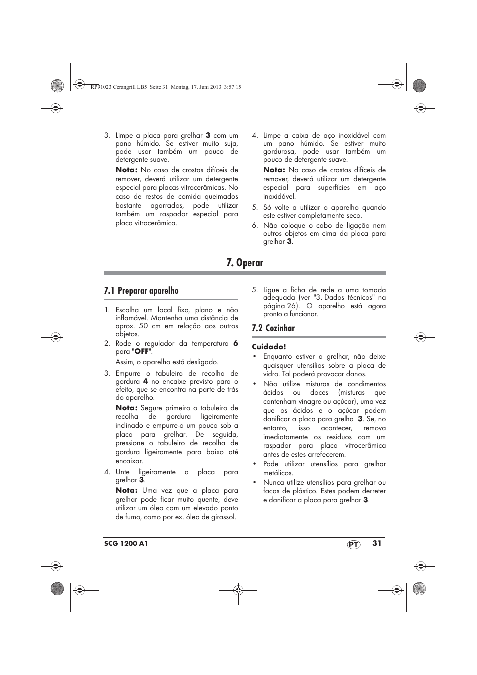 Operar, 1 preparar aparelho, 2 cozinhar | Silvercrest SCG 1200 A1 User Manual | Page 33 / 58