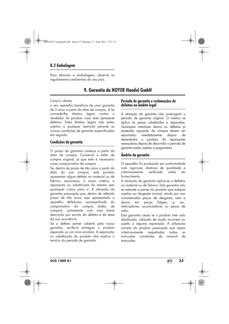 Garantia da hoyer handel gmbh | Silvercrest SCG 1200 A1 User Manual | Page 35 / 58