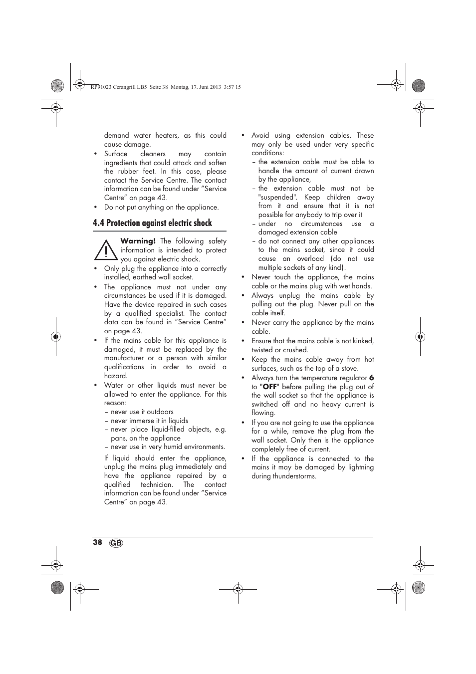 4 protection against electric shock | Silvercrest SCG 1200 A1 User Manual | Page 40 / 58