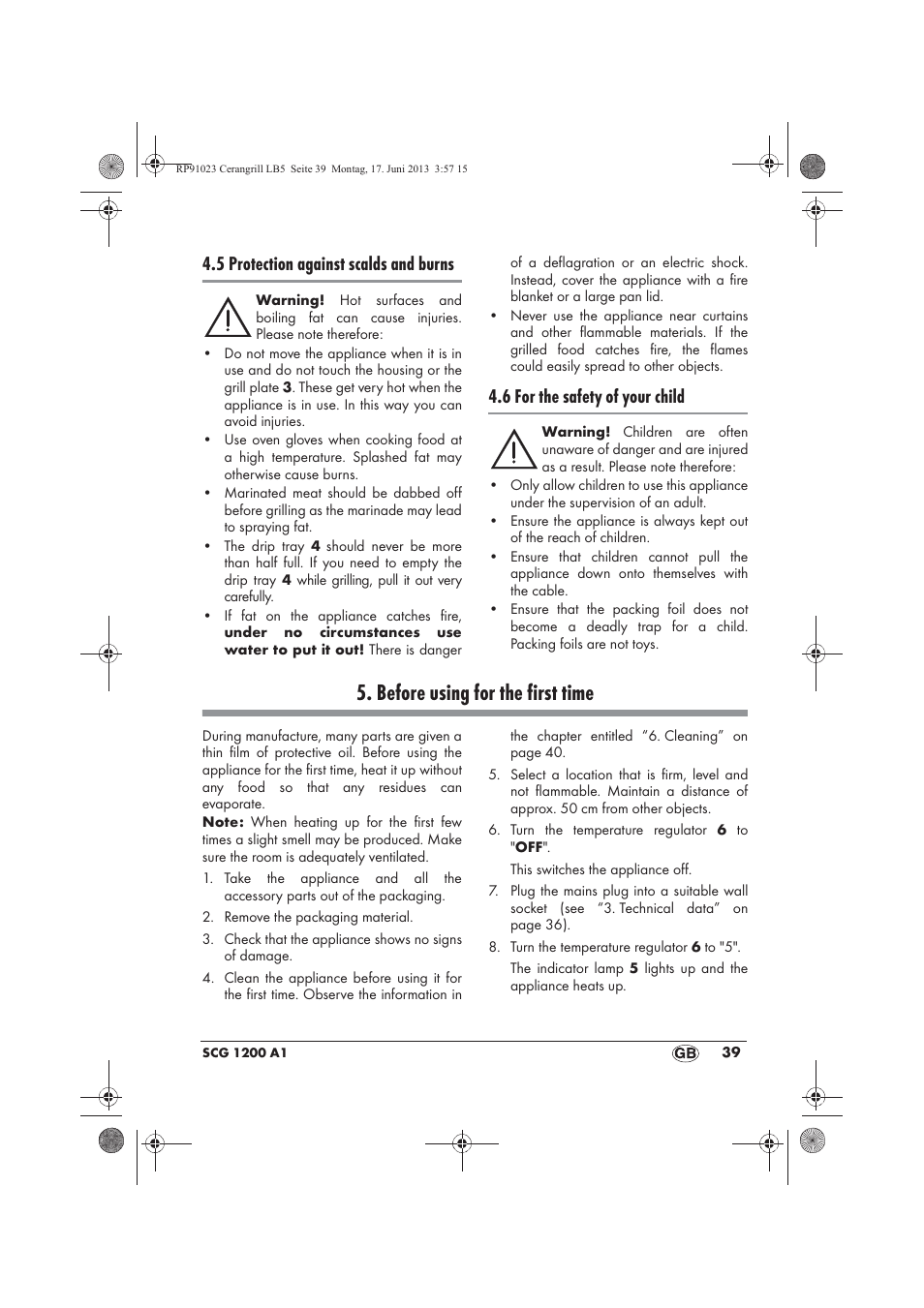 Before using for the first time, 5 protection against scalds and burns, 6 for the safety of your child | Silvercrest SCG 1200 A1 User Manual | Page 41 / 58