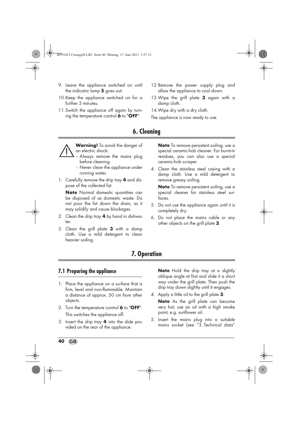 Cleaning, Operation, 1 preparing the appliance | Silvercrest SCG 1200 A1 User Manual | Page 42 / 58