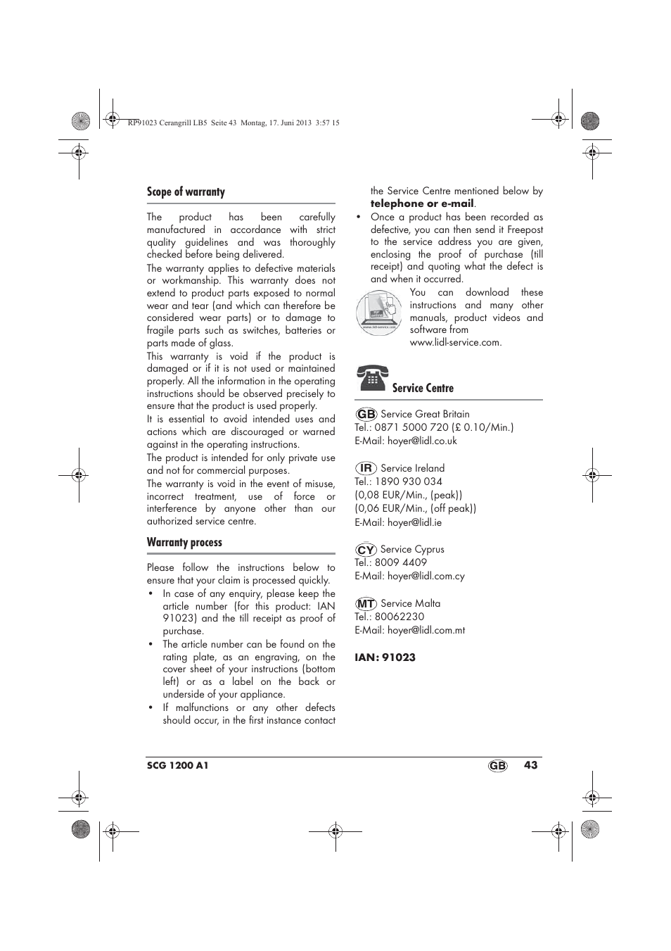 Scope of warranty, Warranty process, Service centre | Silvercrest SCG 1200 A1 User Manual | Page 45 / 58