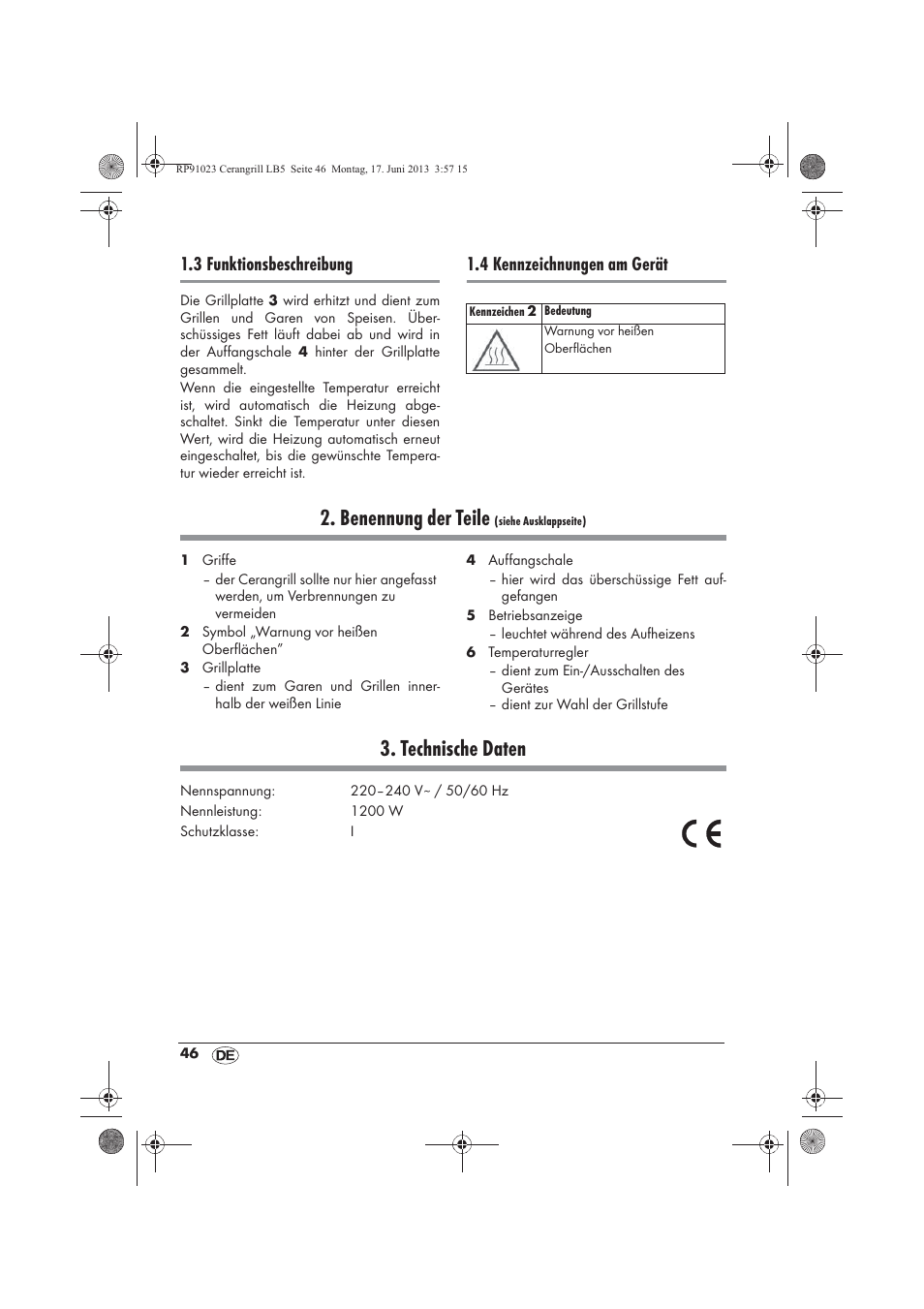 Benennung der teile, Technische daten, 3 funktionsbeschreibung | 4 kennzeichnungen am gerät | Silvercrest SCG 1200 A1 User Manual | Page 48 / 58