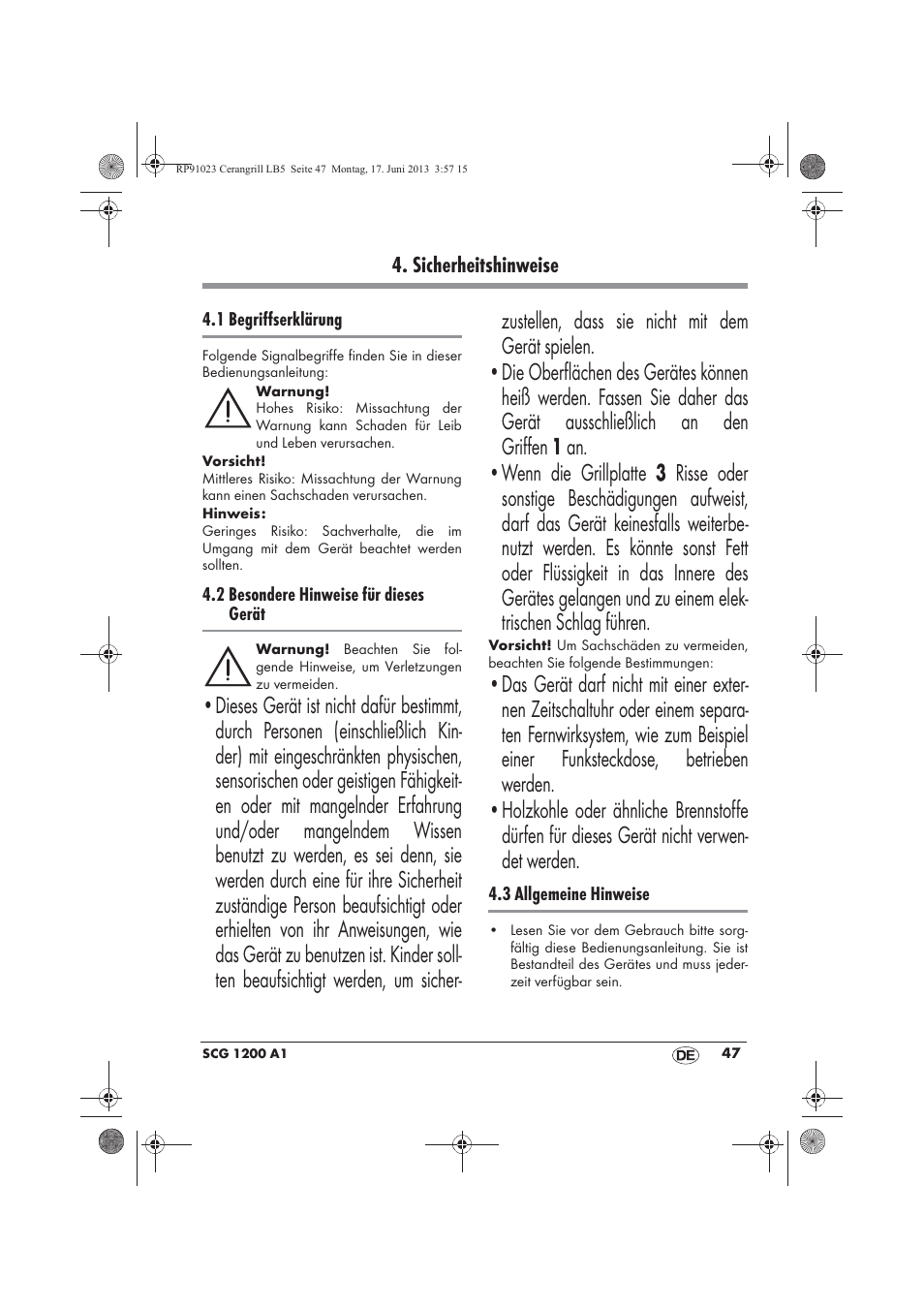 Sicherheitshinweise | Silvercrest SCG 1200 A1 User Manual | Page 49 / 58