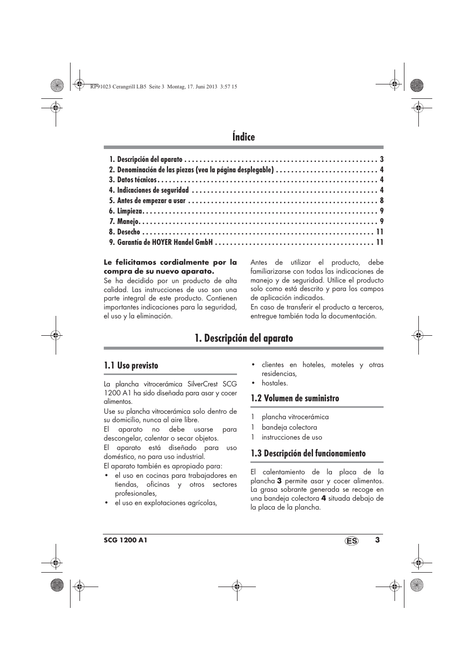 Índice, Descripción del aparato, 1 uso previsto | 2 volumen de suministro, 3 descripción del funcionamiento | Silvercrest SCG 1200 A1 User Manual | Page 5 / 58