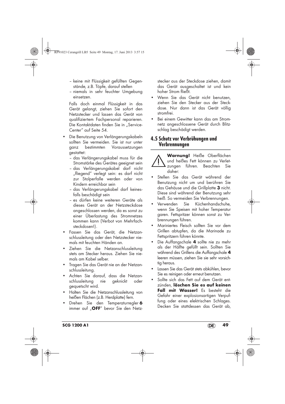 5 schutz vor verbrühungen und verbrennungen | Silvercrest SCG 1200 A1 User Manual | Page 51 / 58
