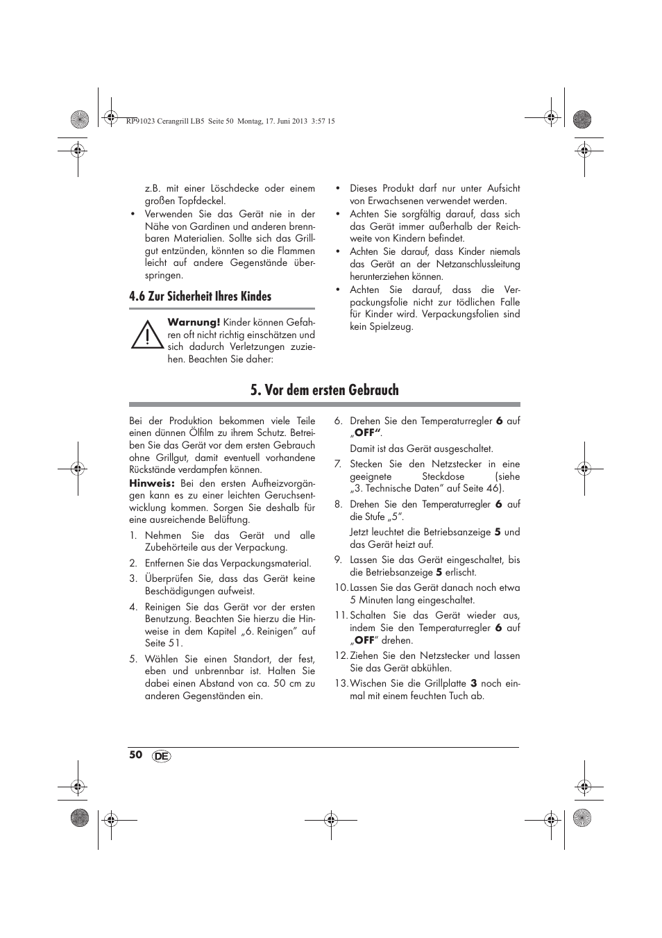 Vor dem ersten gebrauch, 6 zur sicherheit ihres kindes | Silvercrest SCG 1200 A1 User Manual | Page 52 / 58