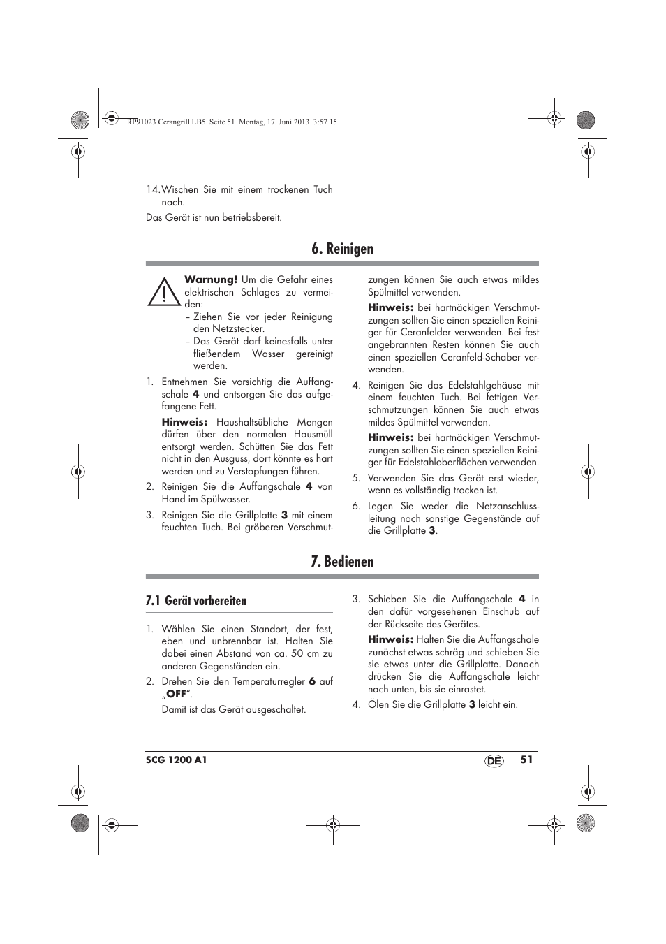 Reinigen, Bedienen, 1 gerät vorbereiten | Silvercrest SCG 1200 A1 User Manual | Page 53 / 58