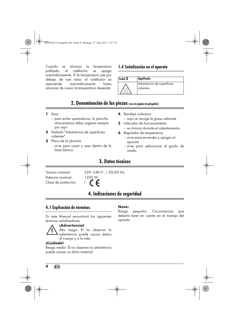 Denominación de las piezas, Datos técnicos, Indicaciones de seguridad | 4 señalización en el aparato, 1 explicación de términos | Silvercrest SCG 1200 A1 User Manual | Page 6 / 58