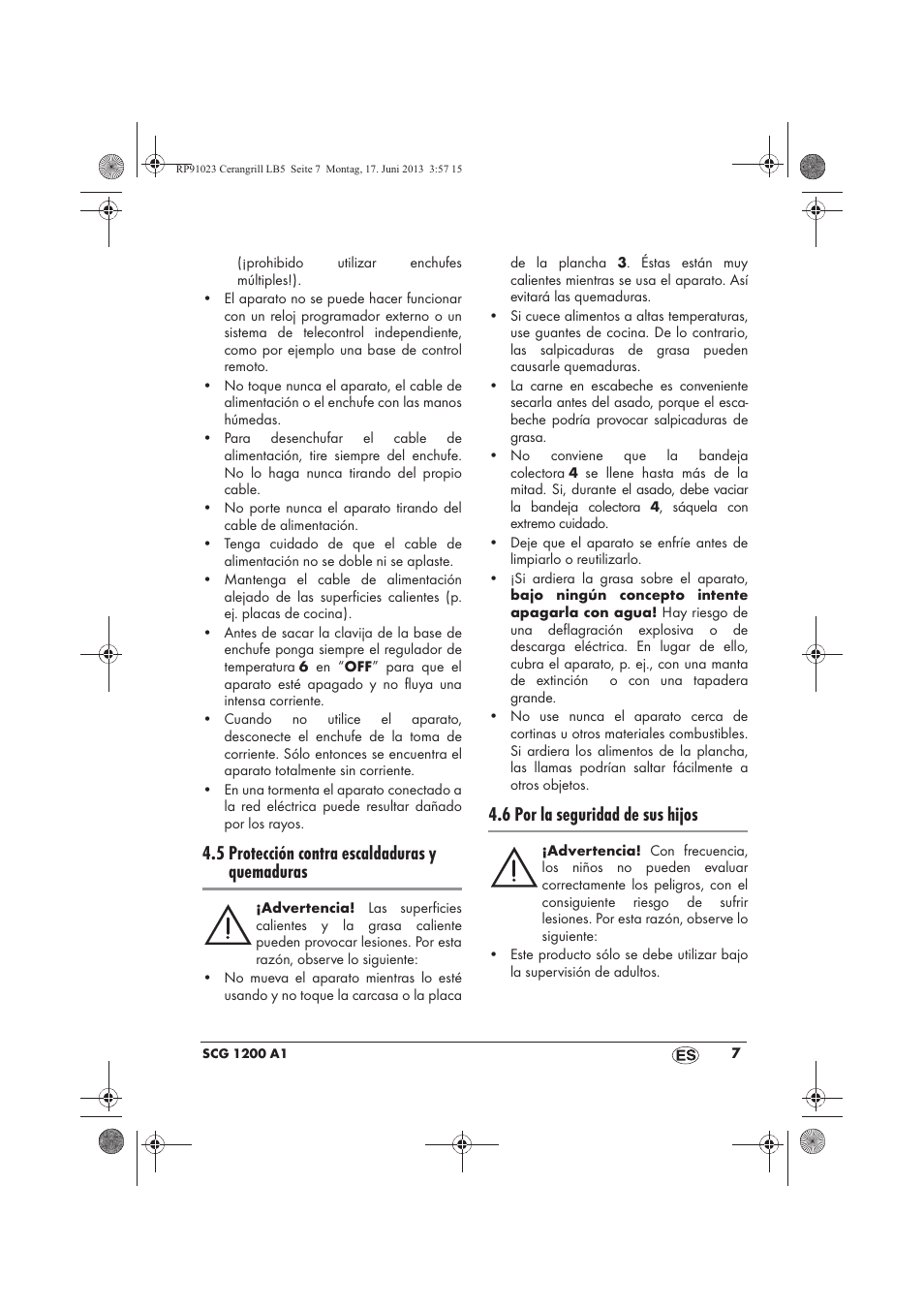 5 protección contra escaldaduras y quemaduras, 6 por la seguridad de sus hijos | Silvercrest SCG 1200 A1 User Manual | Page 9 / 58