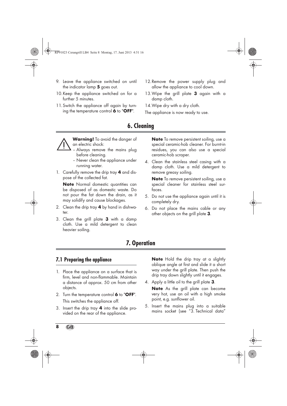 Cleaning, Operation, 1 preparing the appliance | Silvercrest SCG 1200 A1 User Manual | Page 10 / 78