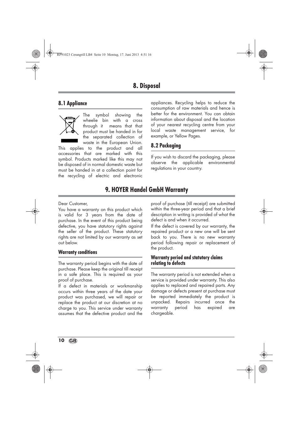 Disposal, Hoyer handel gmbh warranty | Silvercrest SCG 1200 A1 User Manual | Page 12 / 78