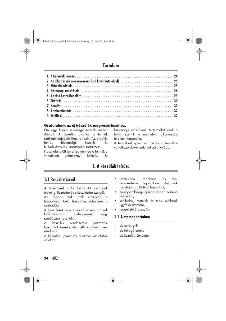 Tartalom, A készülék leírása, 1 rendeltetési cél | 2 a csomag tartalma | Silvercrest SCG 1200 A1 User Manual | Page 26 / 78
