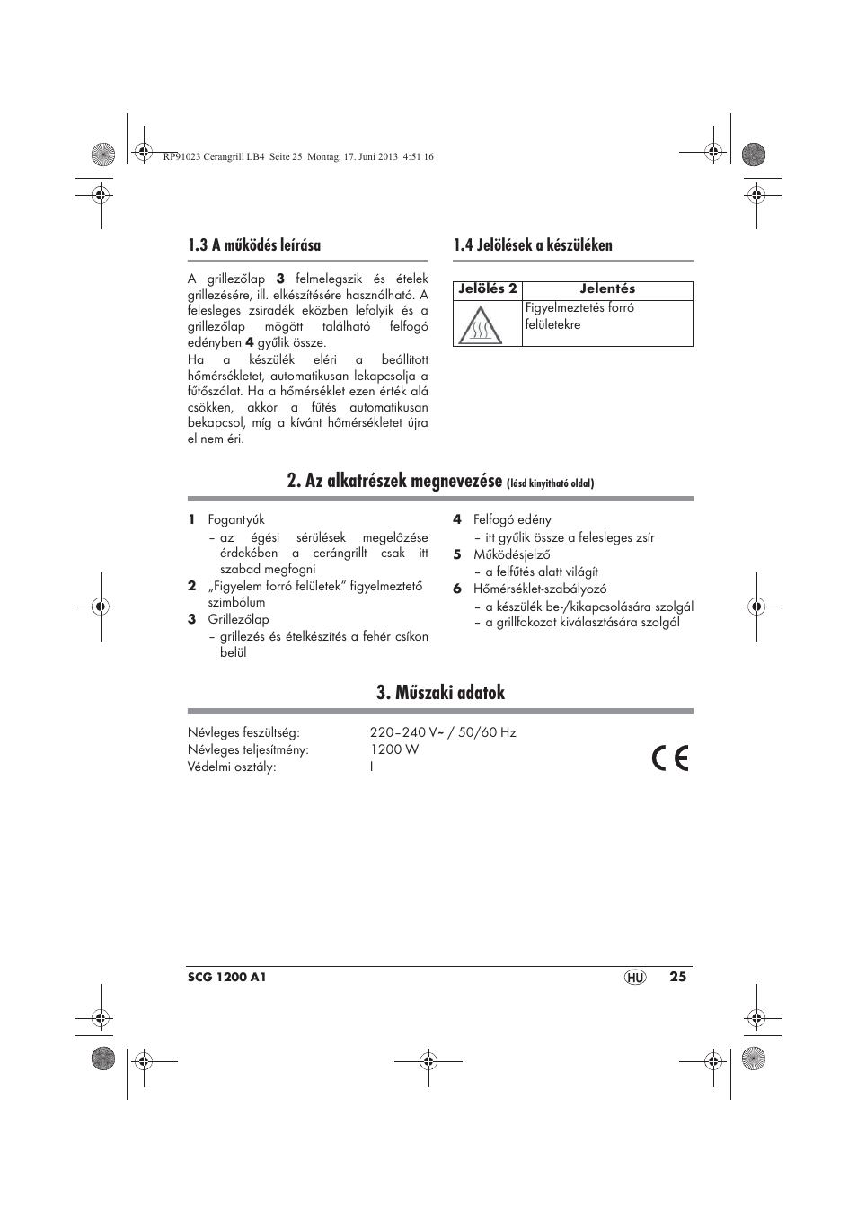 Az alkatrészek megnevezése, Műszaki adatok, 3 a működés leírása | 4 jelölések a készüléken | Silvercrest SCG 1200 A1 User Manual | Page 27 / 78