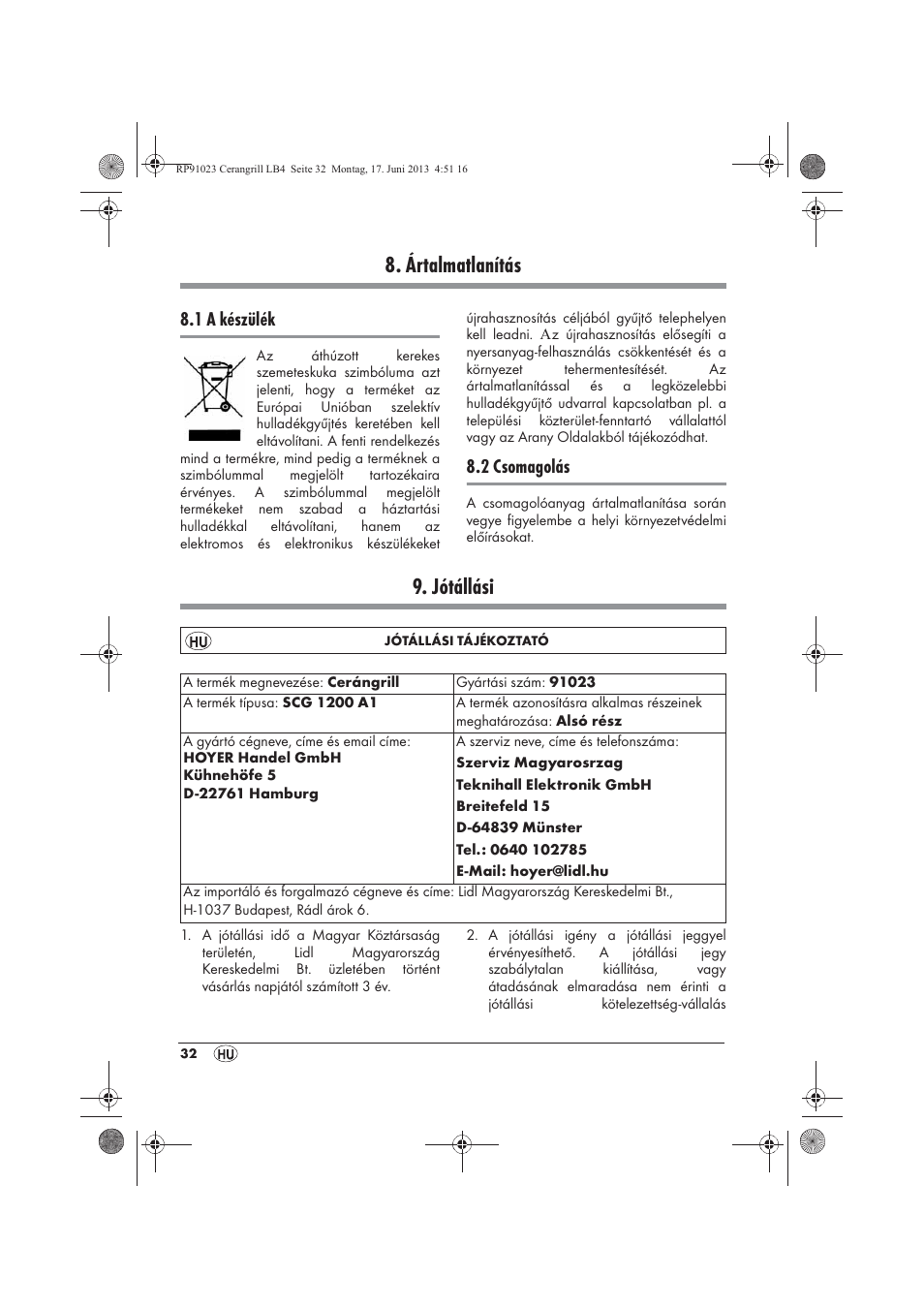 Ártalmatlanítás, Jótállási, 1 a készülék | 2 csomagolás | Silvercrest SCG 1200 A1 User Manual | Page 34 / 78