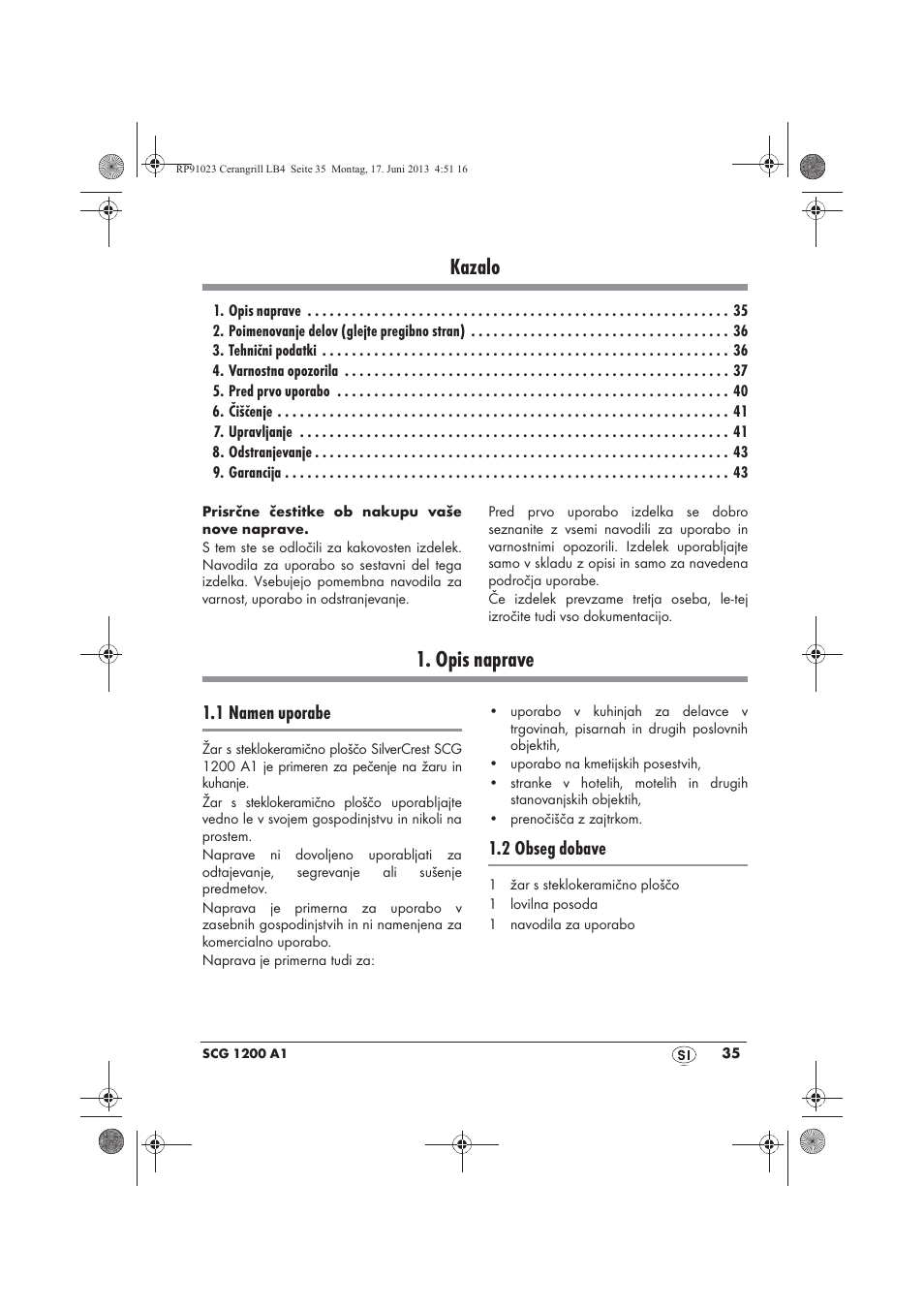 Kazalo, Opis naprave, 1 namen uporabe | 2 obseg dobave | Silvercrest SCG 1200 A1 User Manual | Page 37 / 78
