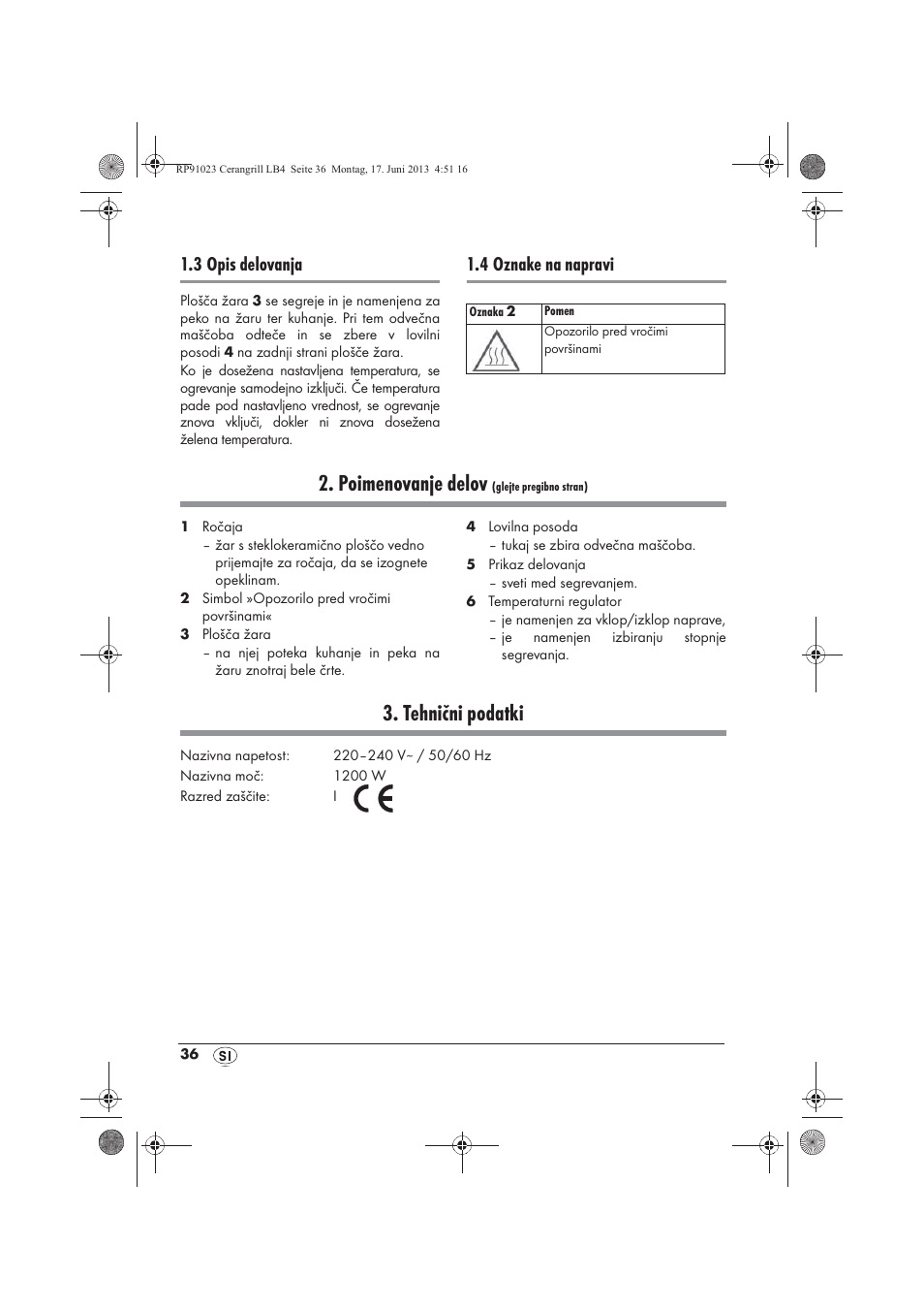 Poimenovanje delov, Tehnični podatki, 3 opis delovanja | 4 oznake na napravi | Silvercrest SCG 1200 A1 User Manual | Page 38 / 78