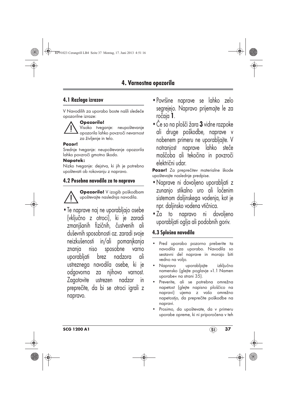 Varnostna opozorila | Silvercrest SCG 1200 A1 User Manual | Page 39 / 78