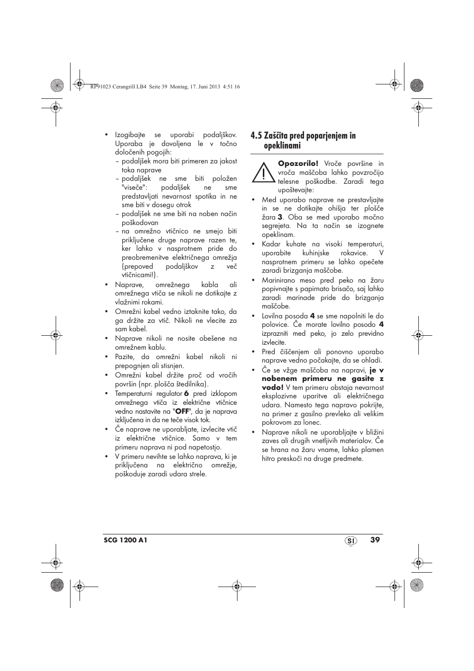 5 zaščita pred poparjenjem in opeklinami | Silvercrest SCG 1200 A1 User Manual | Page 41 / 78
