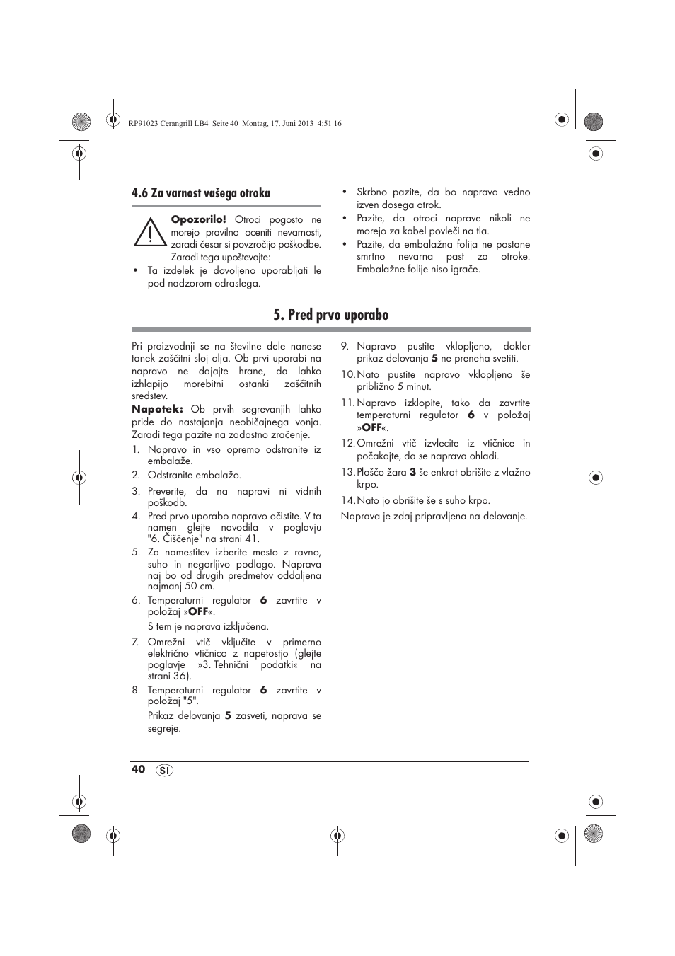 Pred prvo uporabo, 6 za varnost vašega otroka | Silvercrest SCG 1200 A1 User Manual | Page 42 / 78