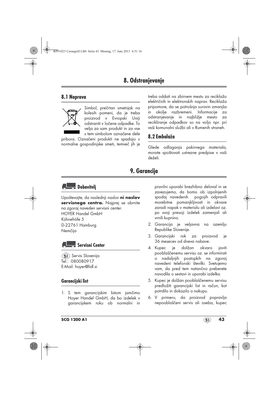 Odstranjevanje, Garancija, 1 naprava | 2 embalaža | Silvercrest SCG 1200 A1 User Manual | Page 45 / 78