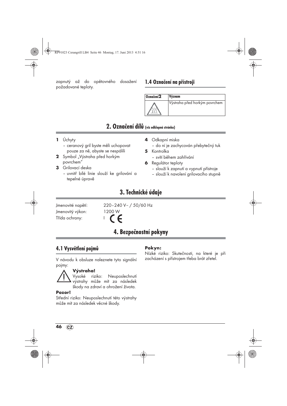 Označení dílů, Technické údaje, Bezpečnostní pokyny | 4 označení na přístroji, 1 vysvětlení pojmů | Silvercrest SCG 1200 A1 User Manual | Page 48 / 78