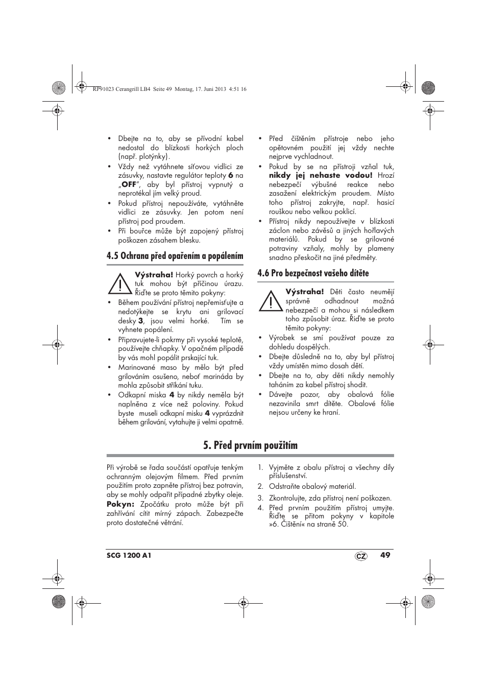 Před prvním použitím, 5 ochrana před opařením a popálením, 6 pro bezpečnost vašeho dítěte | Silvercrest SCG 1200 A1 User Manual | Page 51 / 78