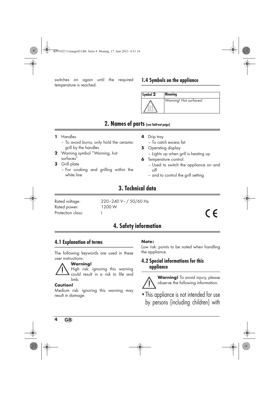 Names of parts, Technical data, Safety information | 4 symbols on the appliance, 1 explanation of terms, 2 special informations for this appliance | Silvercrest SCG 1200 A1 User Manual | Page 6 / 78