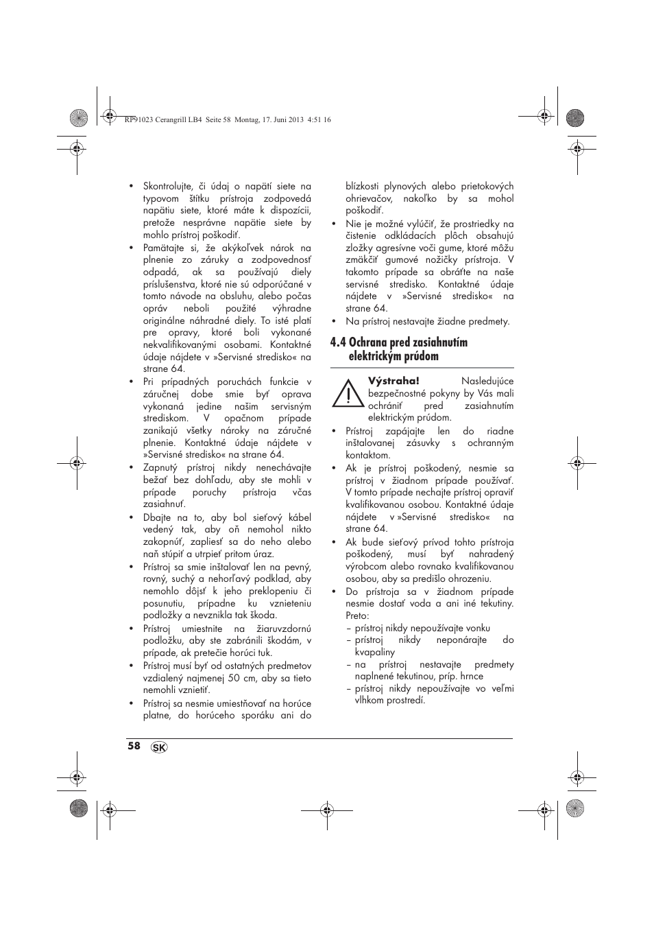 4 ochrana pred zasiahnutím elektrickým prúdom | Silvercrest SCG 1200 A1 User Manual | Page 60 / 78