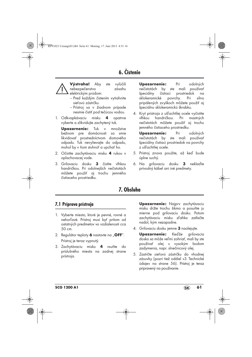 Čistenie, Obsluha, 1 príprava prístroja | Silvercrest SCG 1200 A1 User Manual | Page 63 / 78