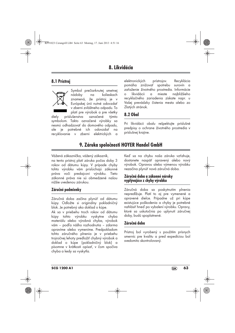 Likvidácia, Záruka spoločnosti hoyer handel gmbh | Silvercrest SCG 1200 A1 User Manual | Page 65 / 78