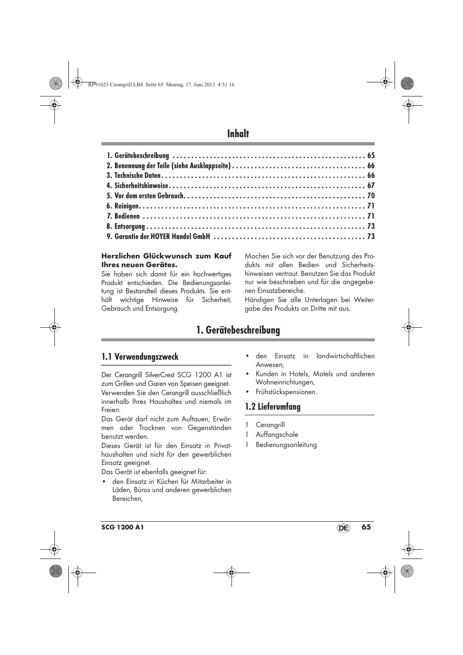 Inhalt, Gerätebeschreibung, 1 verwendungszweck | 2 lieferumfang | Silvercrest SCG 1200 A1 User Manual | Page 67 / 78