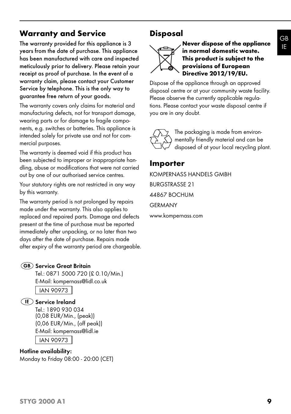 Warranty and service, Disposal, Importer | Silvercrest STYG 2000 A1 User Manual | Page 12 / 43
