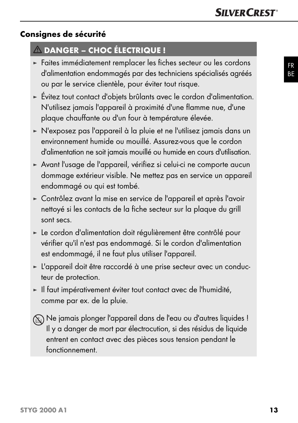Consignes de sécurité danger – choc électrique | Silvercrest STYG 2000 A1 User Manual | Page 16 / 43