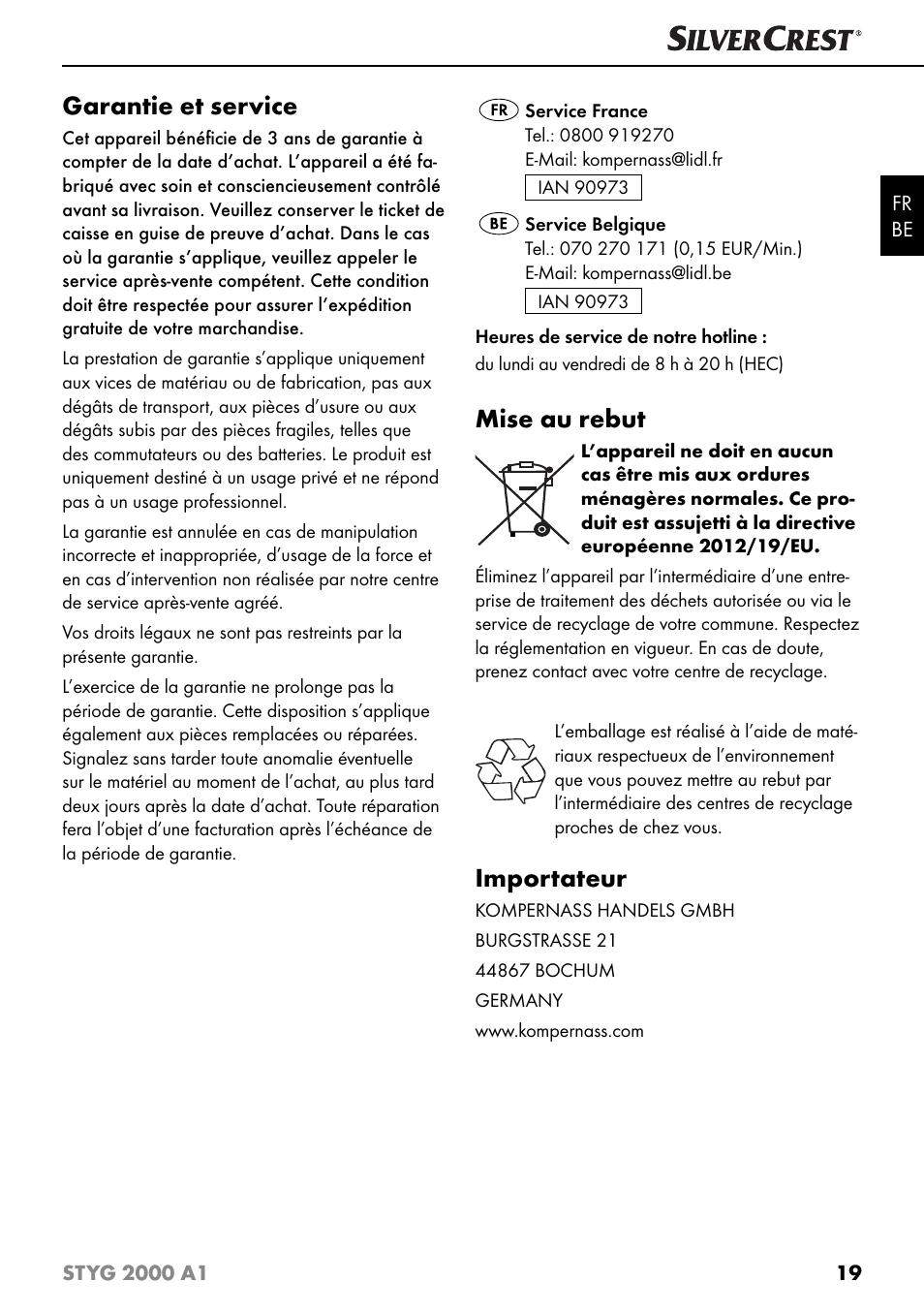 Garantie et service, Mise au rebut, Importateur | Silvercrest STYG 2000 A1 User Manual | Page 22 / 43