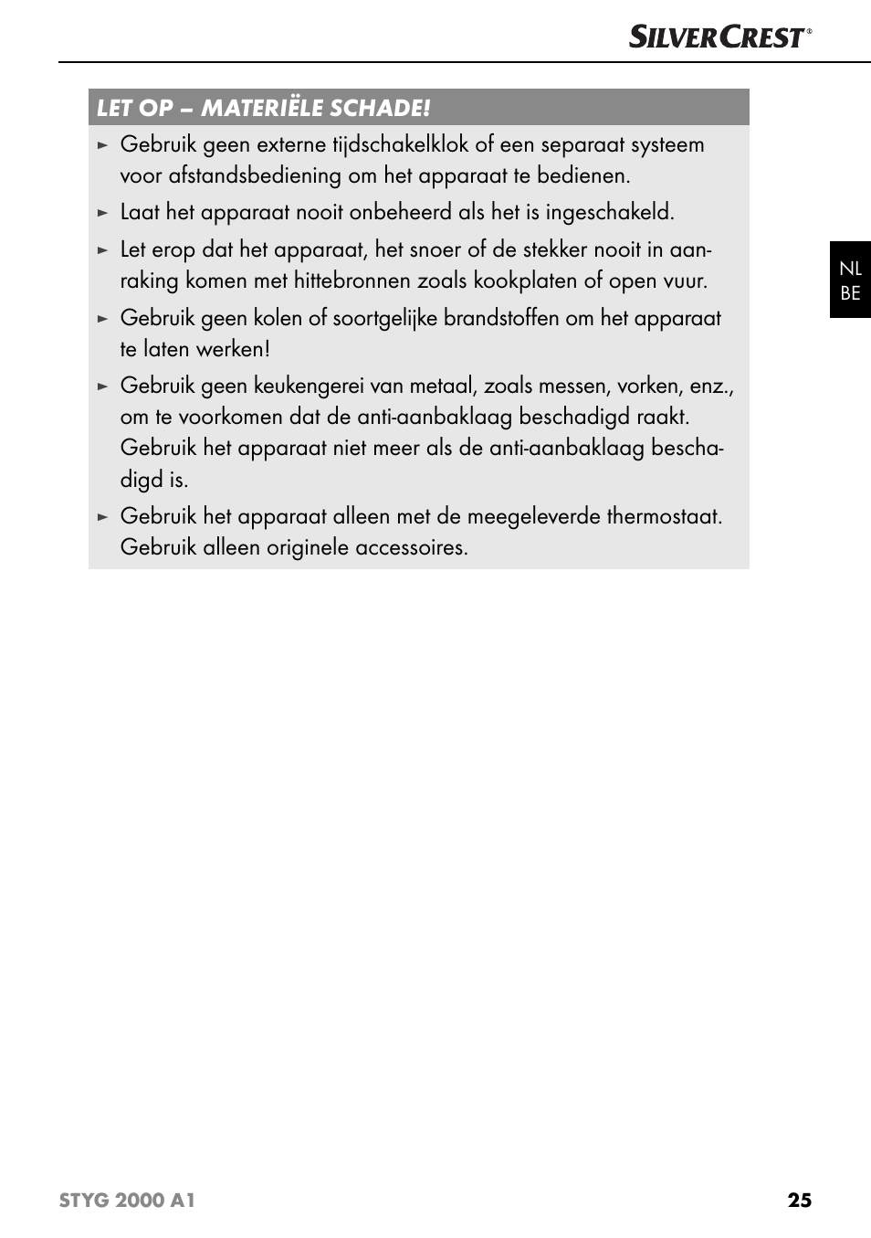 Let op – materiële schade | Silvercrest STYG 2000 A1 User Manual | Page 28 / 43