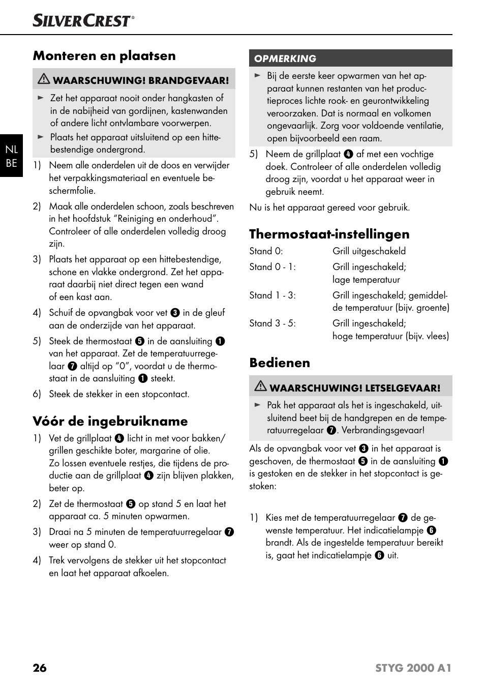 Monteren en plaatsen, Vóór de ingebruikname, Thermostaat-instellingen | Bedienen | Silvercrest STYG 2000 A1 User Manual | Page 29 / 43