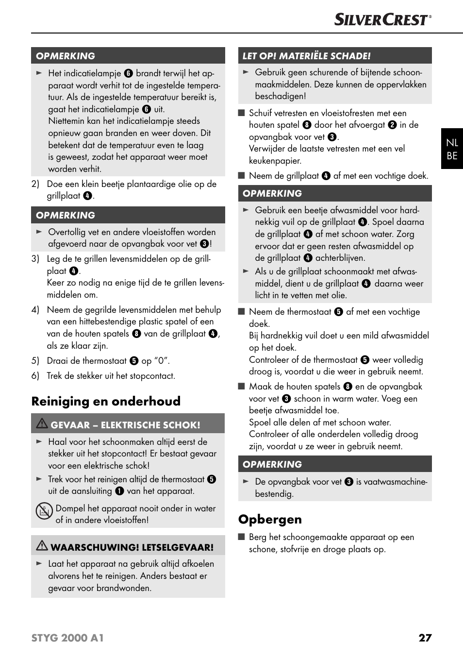 Reiniging en onderhoud, Opbergen | Silvercrest STYG 2000 A1 User Manual | Page 30 / 43