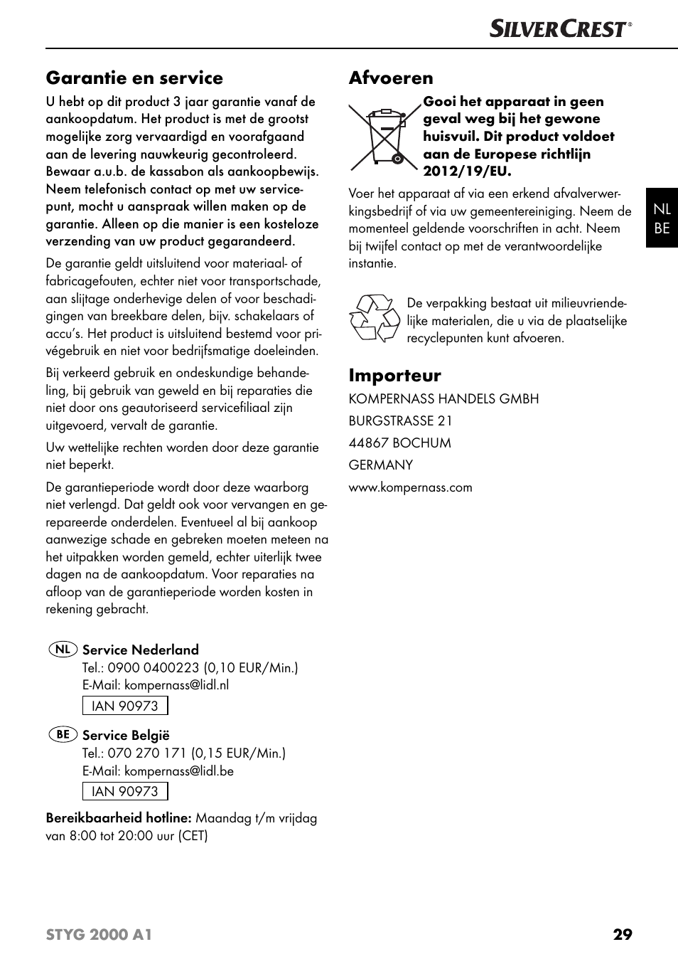 Garantie en service, Afvoeren, Importeur | Silvercrest STYG 2000 A1 User Manual | Page 32 / 43