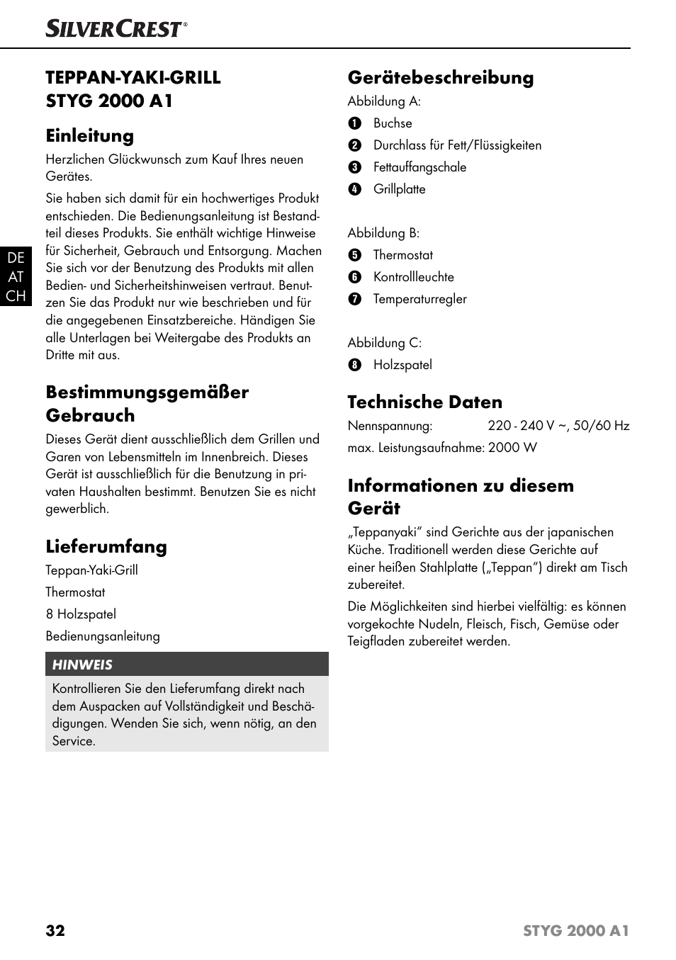 Bestimmungsgemäßer gebrauch, Lieferumfang, Gerätebeschreibung | Technische daten, Informationen zu diesem gerät | Silvercrest STYG 2000 A1 User Manual | Page 35 / 43
