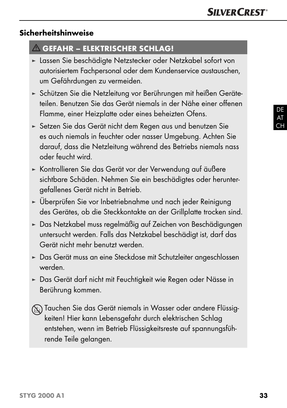 Sicherheitshinweise gefahr – elektrischer schlag | Silvercrest STYG 2000 A1 User Manual | Page 36 / 43